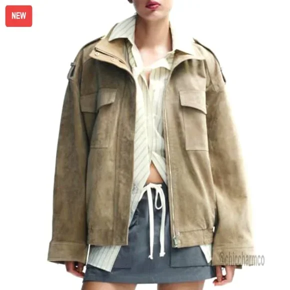 Faux Suede Bomber Jacket Oversized Blazer Long Sleeve Zipper Lapel - Picture 5 of 7